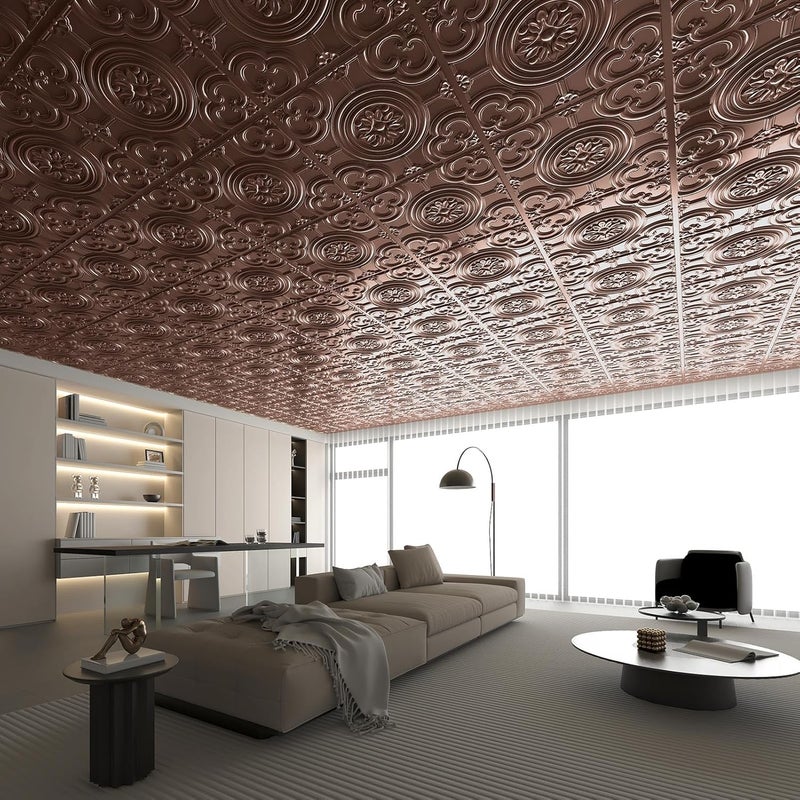 WOWSTAR 12-Pack 24"x24" Drop Ceiling Tiles, Waterproof Glue up Ceiling Panels, Antique Copper - Image 2